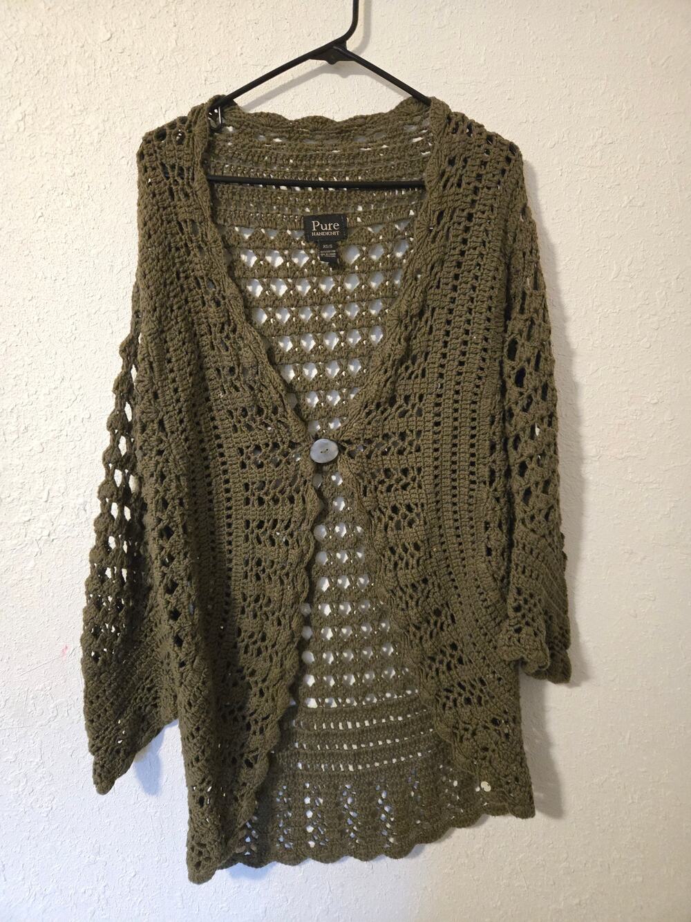 Olive green open-front crochet cardigan by Pure